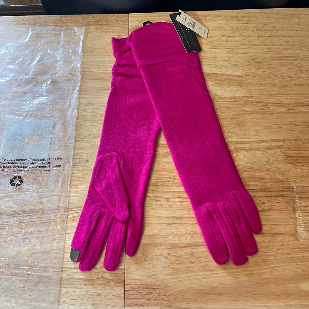 NWT Talbots Echo Touch Fuchsia Pink Wool Blend Long Opera Gloves Ruched S/M